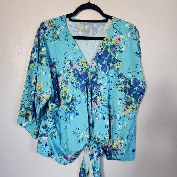 Women Blouse Womens Loose V Neck Floral Print Front Knot Bandage T-Shirt Tops - Picture 3 of 6